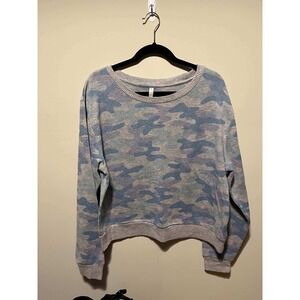Simple Pleasures Blue Purple Camo Sweatshirt Womens Large Long Sleeve Cropped